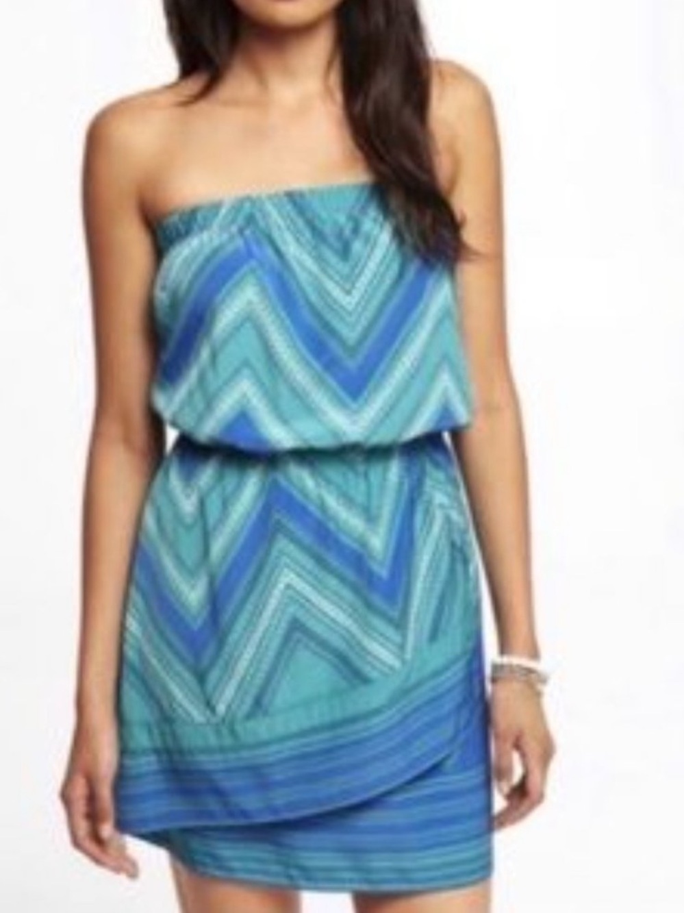Express Strapless Chevron Dress in Teal and Blue